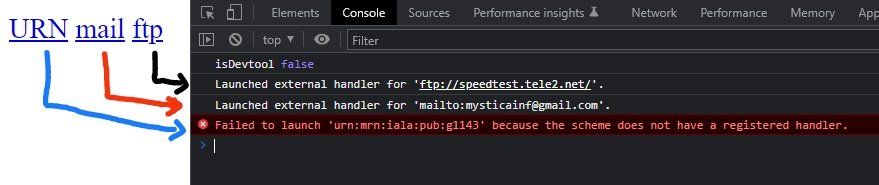 On running above html code, the browser console displaying URN as Failed to launch 'urn:mrn:iala:pub:g1143' because the scheme does not have a registered handle,for mail and ftp, it displays Launched external handler