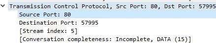 tcp packet containing source port as 80 (http port), desination port as 57995 (random port)